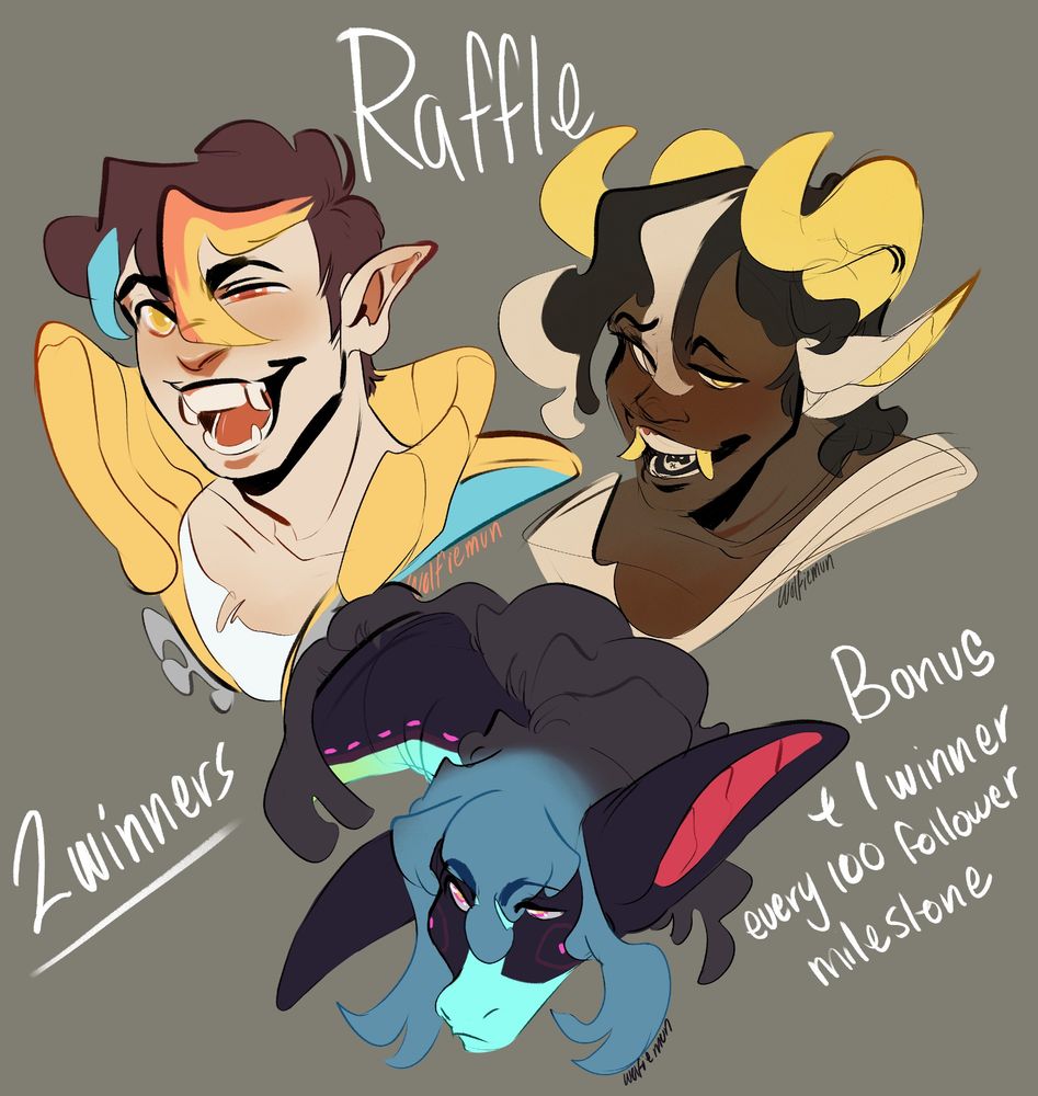 A digital collage of busts the poster has drawn. The top two are human while the bottom is a dragon. There's text explaining it's for a raffle. There were two winners with a bonus winner added every 100 followers