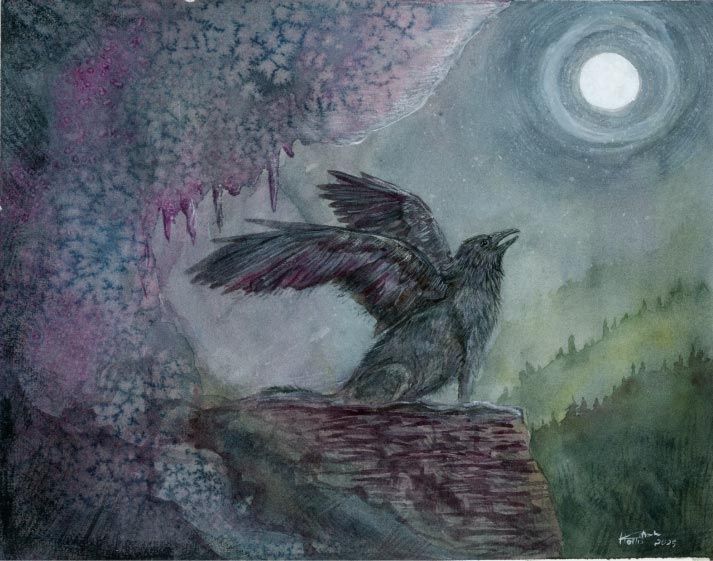 A watercolor and gouache illustration of a raven wolf hybrid, head and wings of a raven, body of a wolf, sitting in a cave on a moonlit night.