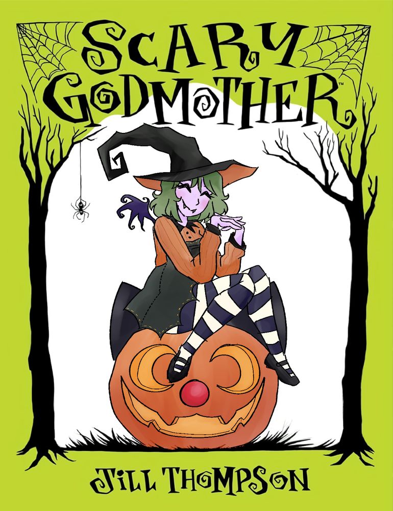 art cover for Scary Godmother byJill Thompson, where miel is digitally edited in instead of Scary Godmother and is sitting on a giant cat pumpkin named Pumkie