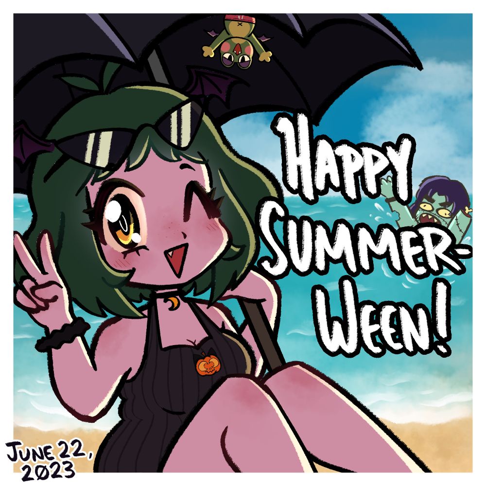 Right text reads, "Happy Summer-ween!" and bottom left text reads, "June 22, 2023"
the drawing is of a vampire girl in the foreground, she is holding an umbrella and throwing a peace sign while winking at the camera. under the umbrella is a smiling frog with vampire teeth and wings. the background shows a sunny beach, there is a zombie boy who looks to be comically drowning in the waves.