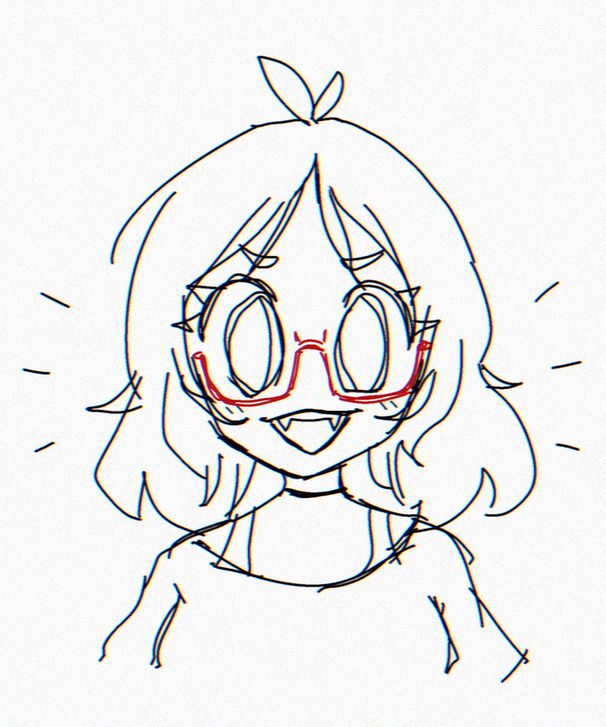 digital sketch of human miel (no bat wings and has glasses) with a big toothy smile, showing fangs