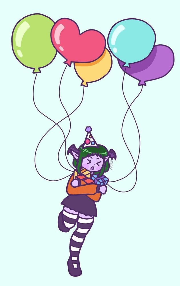 digital drawing of mielitta the vampire wearing a birthday hat and holding a few birthday presents tightly in her chest, with a colorful assortment of balloons floating above her. her eyes are closed shut as if she's trying to keep a good hold on her presents. 