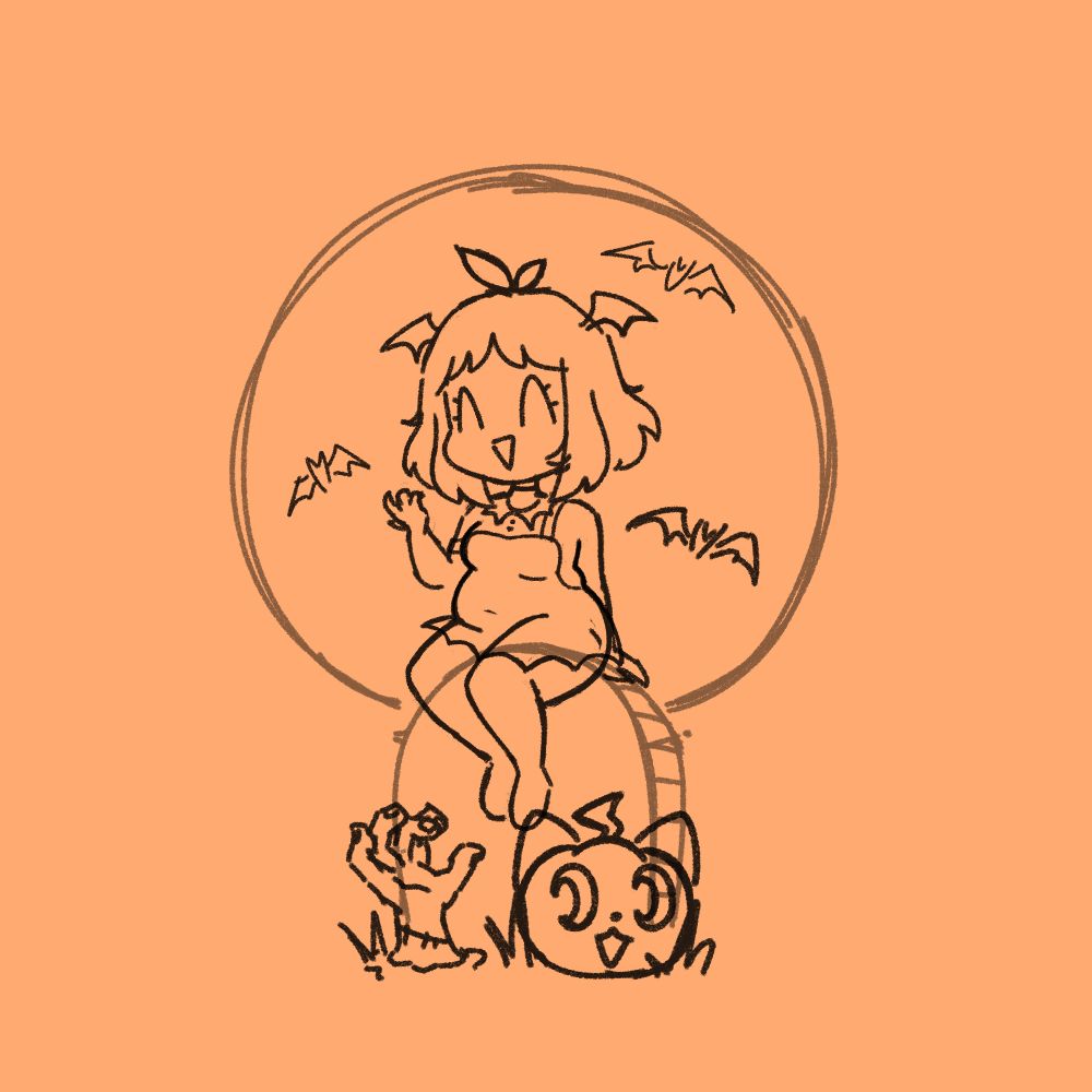sketch drawing of miel sitting on a tombstone and smiling, there is a full moon behind her, a zombie hand coming out of the ground, and a cat pumpkin next to it