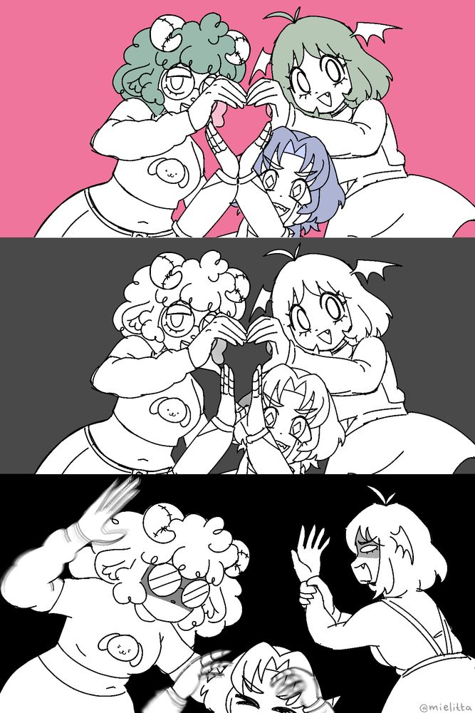 A digital comic in three parts; first panel shows Jules, Piku, and Miel forming a heart with their hands. The second panel shows Piku changing her hand position to make the "heart" look like a "weiner" instead. Third panel shows Jules about to smack Piku, Piku laughing and throwing her hands up in defense, and Miel holding and staring at her own hand in shocked disbelief.