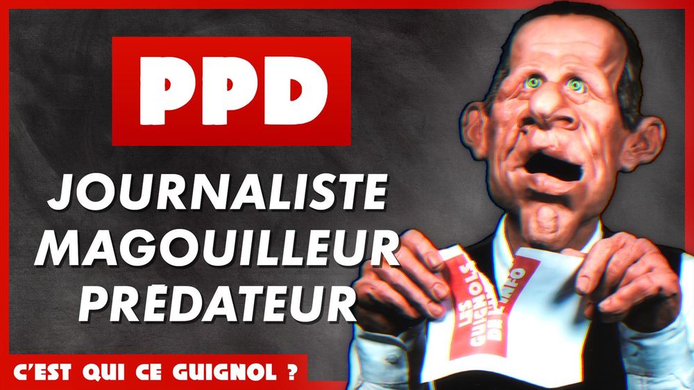 Miniature de ma nouvelle vidéo.

À droite, on peut voir la marionnette de PPDA (des Guignols de l'Info), l'air fou, en train de déchirer ses fiches.

À gauche, le titre "PPD" designé dans le style du logo des Guignols de l'Info. En dessous, les mots "Journaliste, Magouilleur, Prédateur" annoncent les thématiques de la vidéo.

Autour, un cadre rouge (toujours dans les couleurs des Guignols de l'Info) et un titre indiquant un potentiel format : "C'est qui ce Guignol ?"
