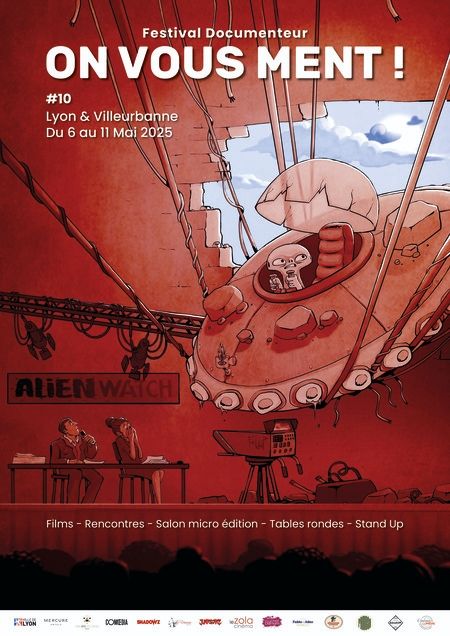 Affiche du festival "On vous ment" du 6 au 11 mai à Lyon et Villeurbanne.