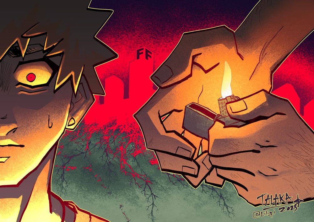 my character jesse in the foreground with a tense expression as he stares at the lit up lighter in his hands. the bg is of a sprawling metropolis which looks like its "taking over" the forest surrounding it like a type of fungus taking root; the feeling meant to be evoked is disgust and fear. the colors are unnatural (deep red the msot prominent).