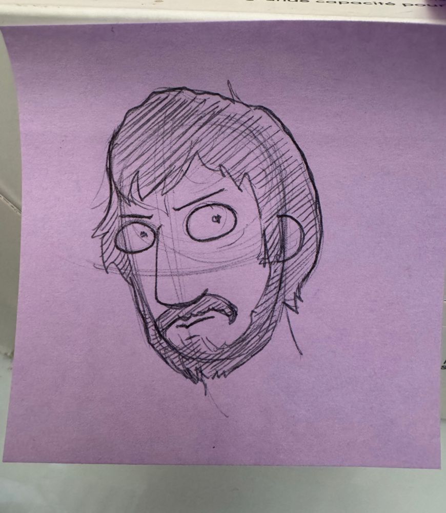 Pete Townshend of The Who, drawn in Rick and Morty style, on a purple post it note