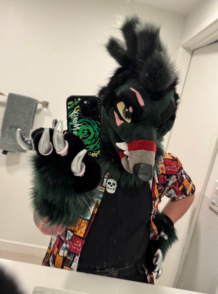 A mirror selfie of a plane dog partial fursuit looking down, wearing an open button down and a shirt with a skull on it