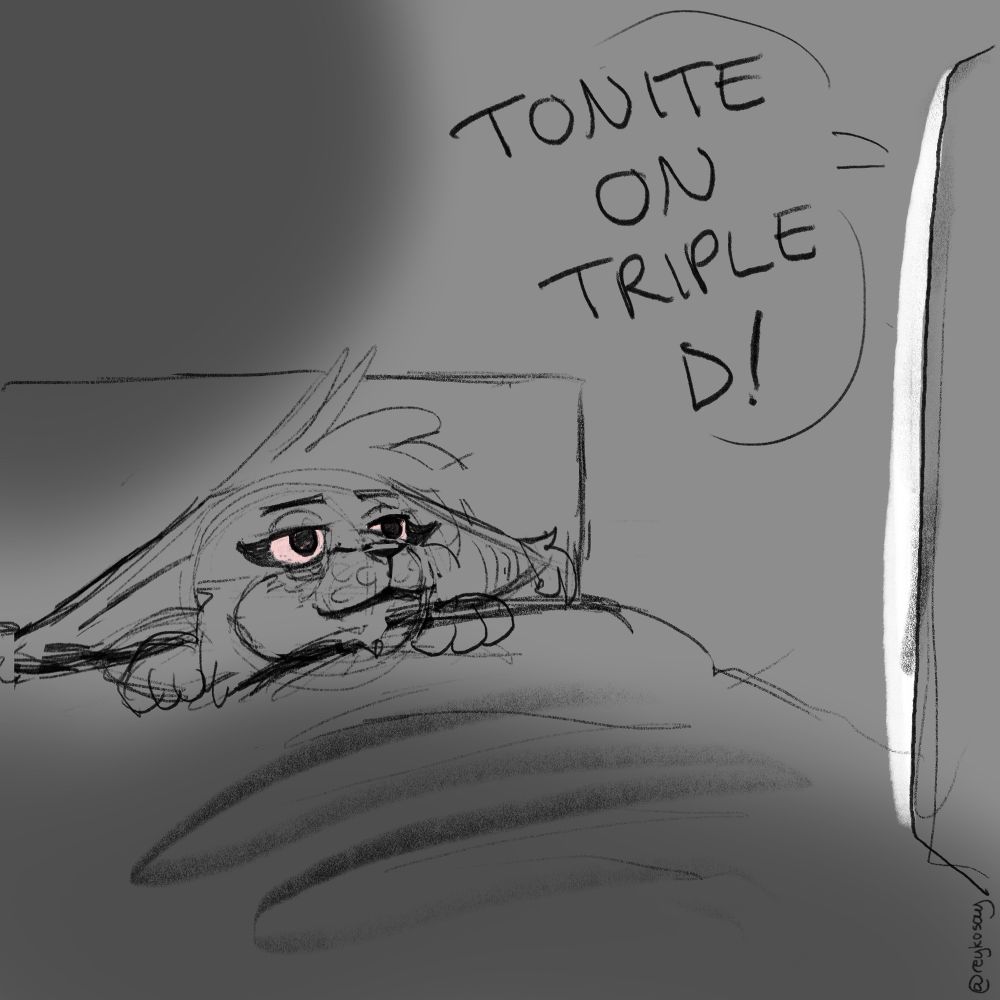 Lynx girl in bed, watching TV that is announcing “tonight on Triple D!”