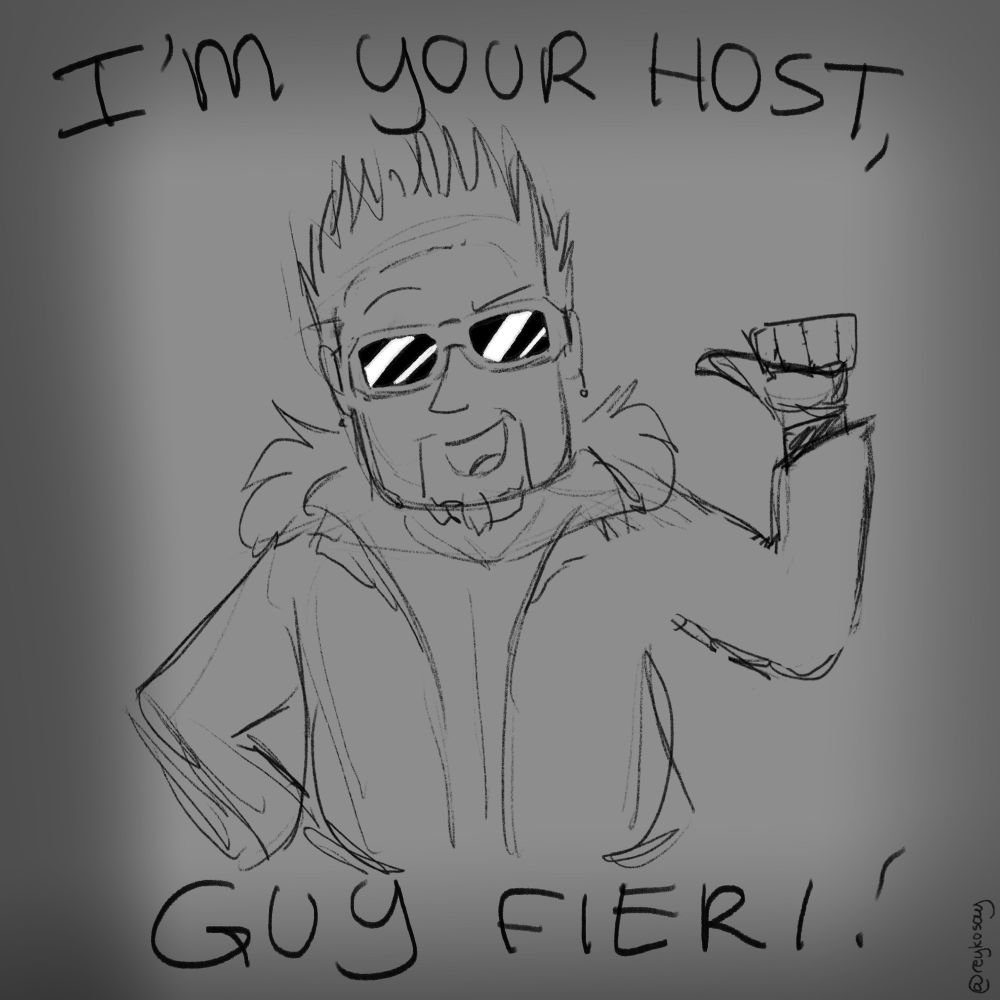 Guy Fieri on the TV pointing to himself and saying “I’m your host, Guy Fieri!”