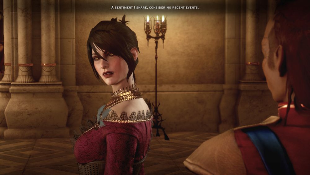 a screenshot of dragon age inquisition 
 Morrigan speaks to the inquisitor at halamshiral 
