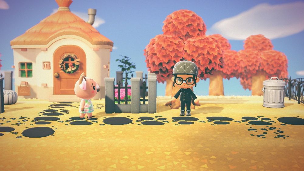 a screenshot of Animal Crossing New Horizons. the player character stares grimly at Melba the koala who is walking around happily 