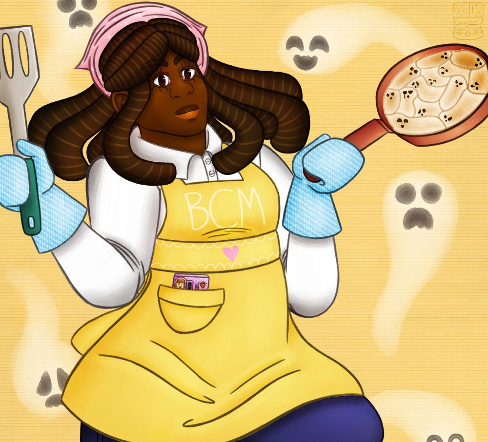 Black Card Members mascot Amara, who is a dark-skinned black woman with brown eyes and dark brown dreadlocks, is wearing a Cooking Mama cosplay. She is holding a pan full of ghost s'mores in her left hand, and a spatula in her right hand. A Cooking Mama-themed phone is in her apron's pocket, and there are ghosts swirling behind her in the background.