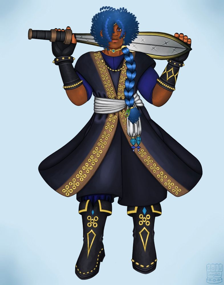 Kaeya from Genshin Impact re-imagined as a Yoruba swordsman. He dons an agbada and boots that are mostly black, but highlighted with mostly brown and gold. He has a sash tied around his waist, and the sash has jewels at both ends. Kaeya wears leather, spiked gauntlets that match the color of his agbada and boots, and his hair is braided in a ponytail while complemented by a peacock feather as an accessory. His earring matches the jewels on his sash, and he's holding a sword that has star-shaped grooves in it. The five circles seen in a continuous pattern lined on Kaeya's agbada, as well as the same pattern seen on his boots, symbolize loyalty in Yoruba culture, which I felt was very fitting for Kaeya's character.