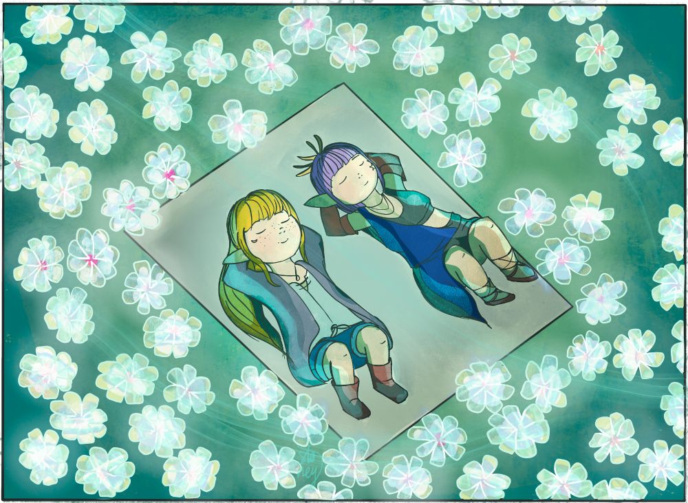 My character and my partner's character in undisclosed location in FFXIV.