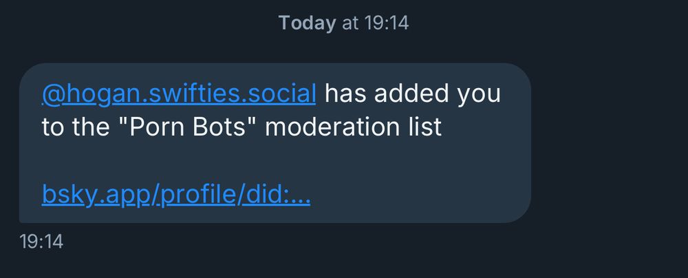 Screenshot: Notifizierung dass ich zu einer Liste „Porn Bots“ hinzugefügt wurde. 