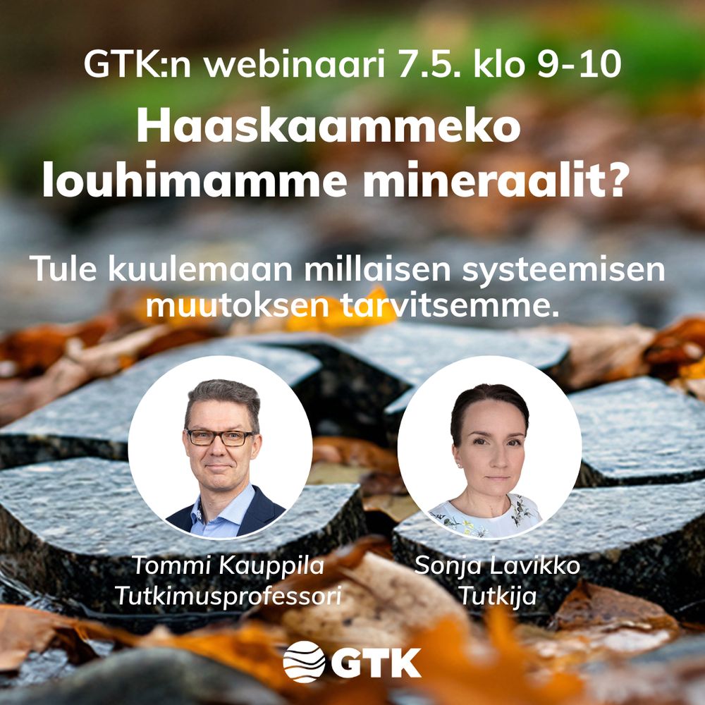 GTK:n webinaarimainos. Kuvan päällä webinaarin nimi ja ajankohta. Haaskaammeko louhimamme mineraalit 7.5. klo 9-10.