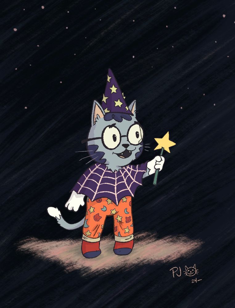 A little cat dressed in a wizards pointed hat, lights the night with a star topped wand.