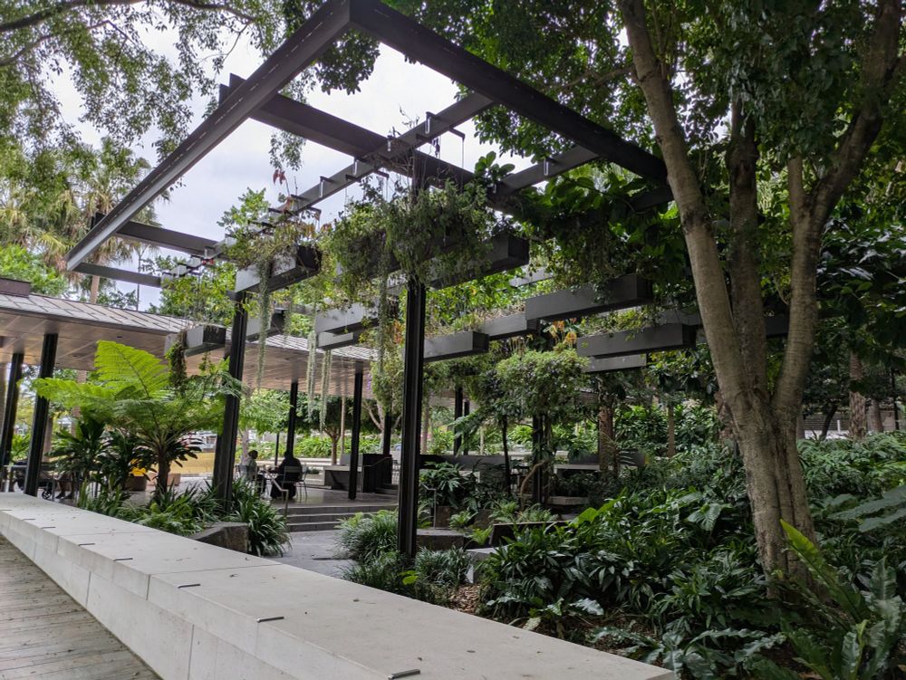 A seating area at South Bank, Brisbane with hanging planter boxes and dense garden beds nearby.