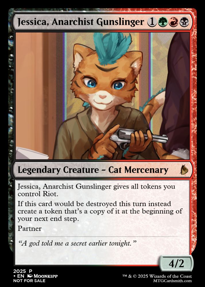 A custom MTG card showing a doll woman with TV screens wrapped around her body. The rules text reads: Jessica, Anarchist Gunslinger gives all tokens you control Riot. If this card would be destroyed this turn instead create a token that’s a copy of it at the beginning of your next end step.