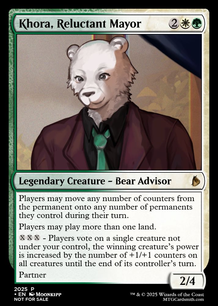 A custom MTG card showing a doll woman with TV screens wrapped around her body. The rules text reads: Players may move any number of counters from the permanent onto any number of permanents they control during their turn. 
Players may play more than one land.
{x}{x}{x} - Players vote on a single creature not under your control, the winning creature's power is increased by the number of +1/+1 counters on all creatures until the end of its controller's turn.
Partner.