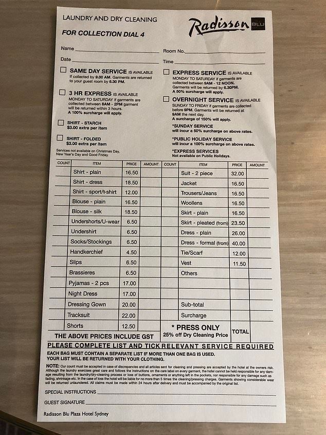 Laundry price listing from a Radisson hotel. 