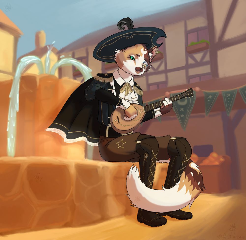 A male anthro cat with a moon and stars motif, he sits on the edge of a stone fountain in a medieval town square while playing his lute.
https://artfight.net/character/5778302.kaspian
#oc #tabaxi #bard #tinyglade #artfight