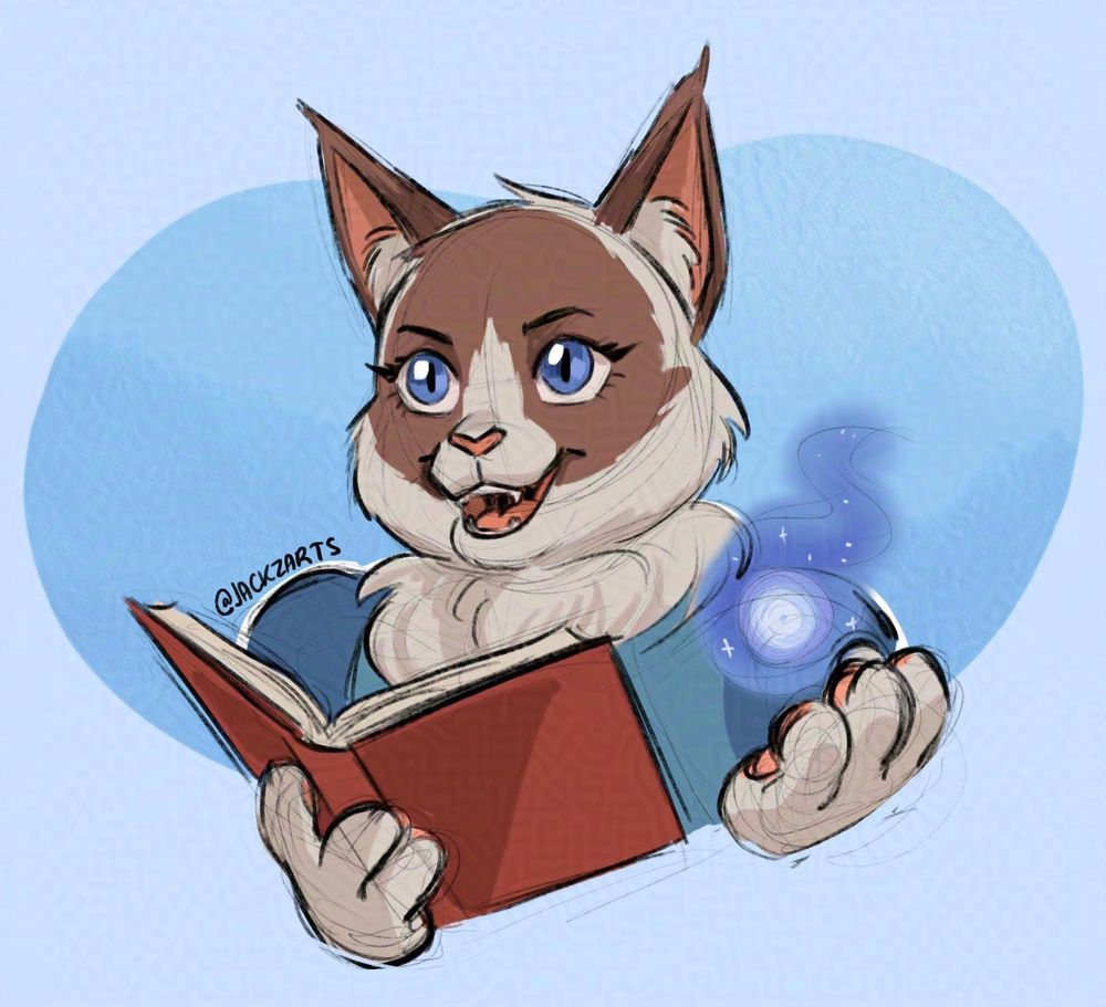 A color sketch bust of an anthro ragdoll cat holding a red book while casting a spell. She looks ahead into the distance with a confident smile.
https://artfight.net/character/6520327.cecile-cee-cee-daix
#oc #furry #tabaxi #wizard