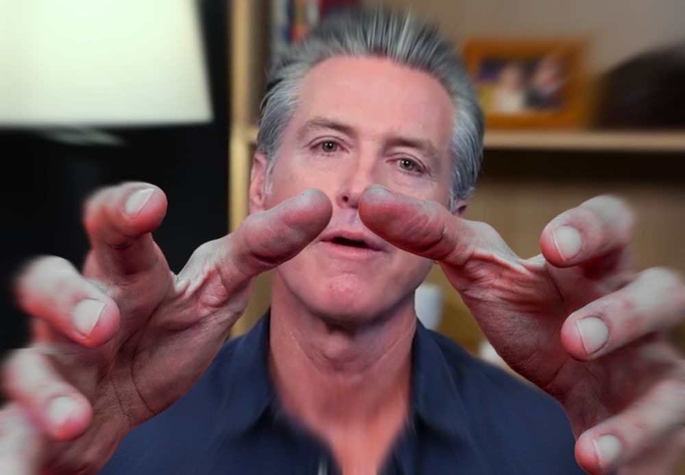 Gruesome Newsom reaching his cold, dead hands out towards the viewer. His despondent yet focused look only means one thing; he's excited to clean up the city, and it starts with you.