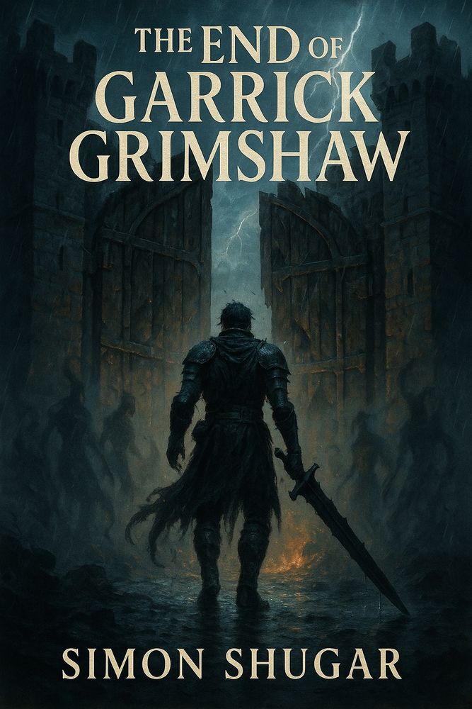 Man walking towards a broken castle dragging a sword on the ground with shadows around him. Title: The End of Garrick Grimshaw