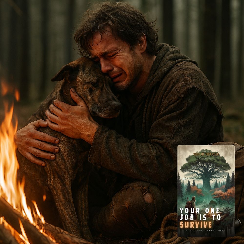 Medieval man in a forest crying with his brindled dog comforting him
