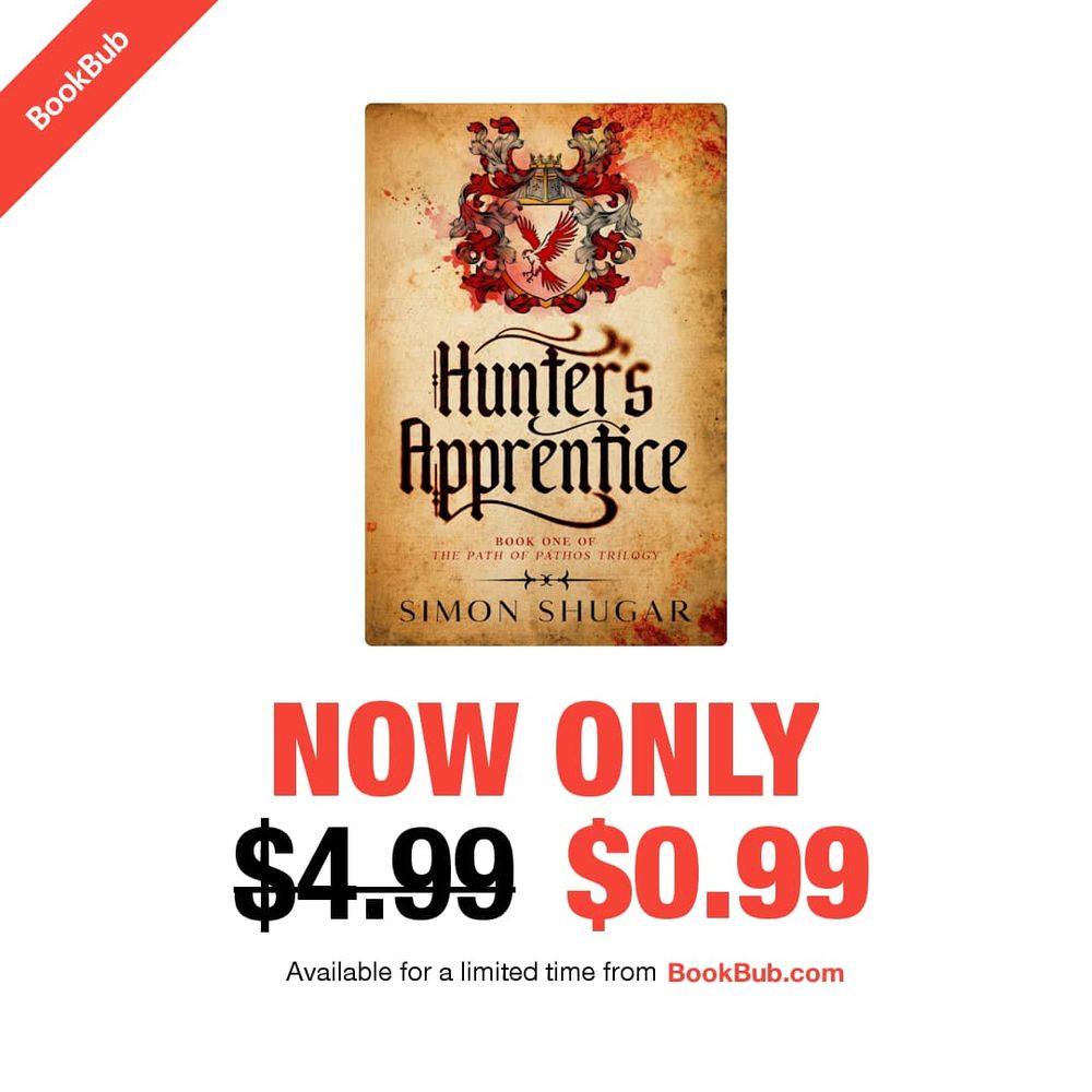 Bookbub feature deal advertising Hunter's Apprentice by Simon Shugar from $4.99 to $0.99
