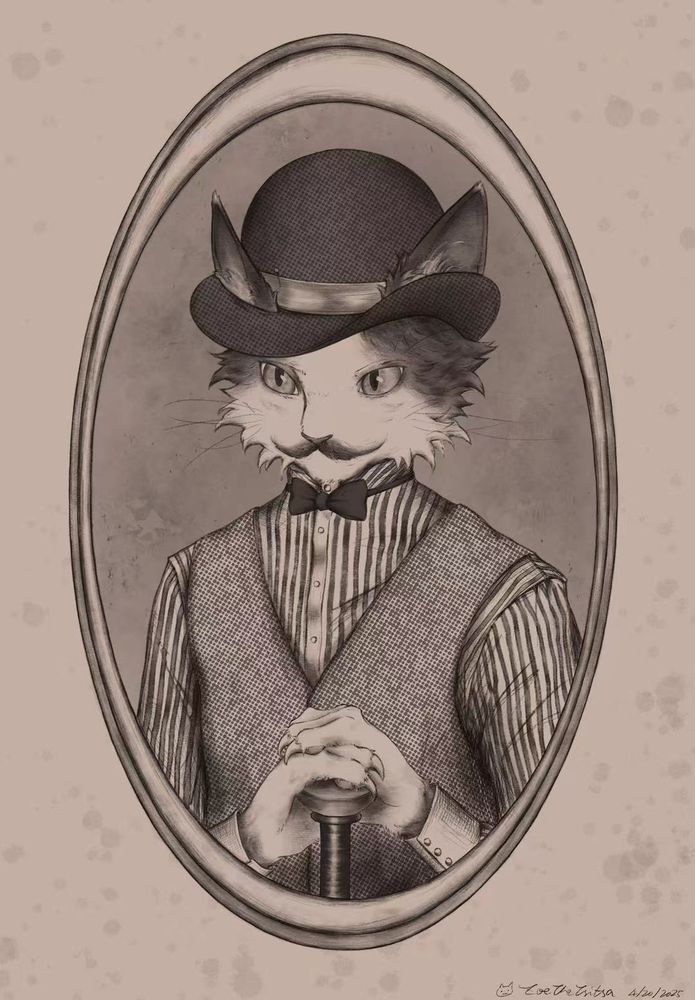 A framed portrait of Dr John Watson as a tuxedo cat. He's wearing the classic Dr Watson outfit: striped shirt, wool vest, a bow tie and a cane. He has a stylish mustache too.