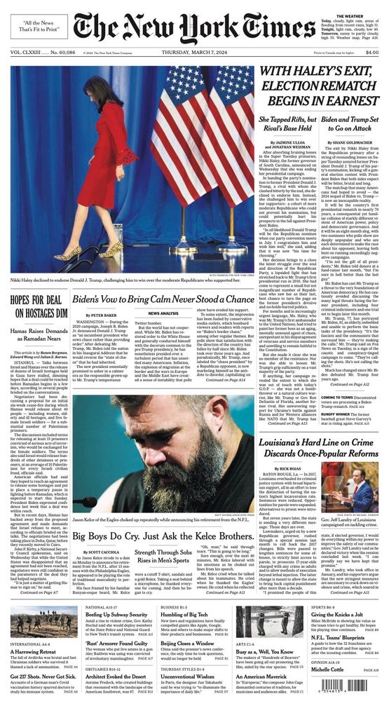 Nikki Haley suspends her campaign on the front page of The New York Times.