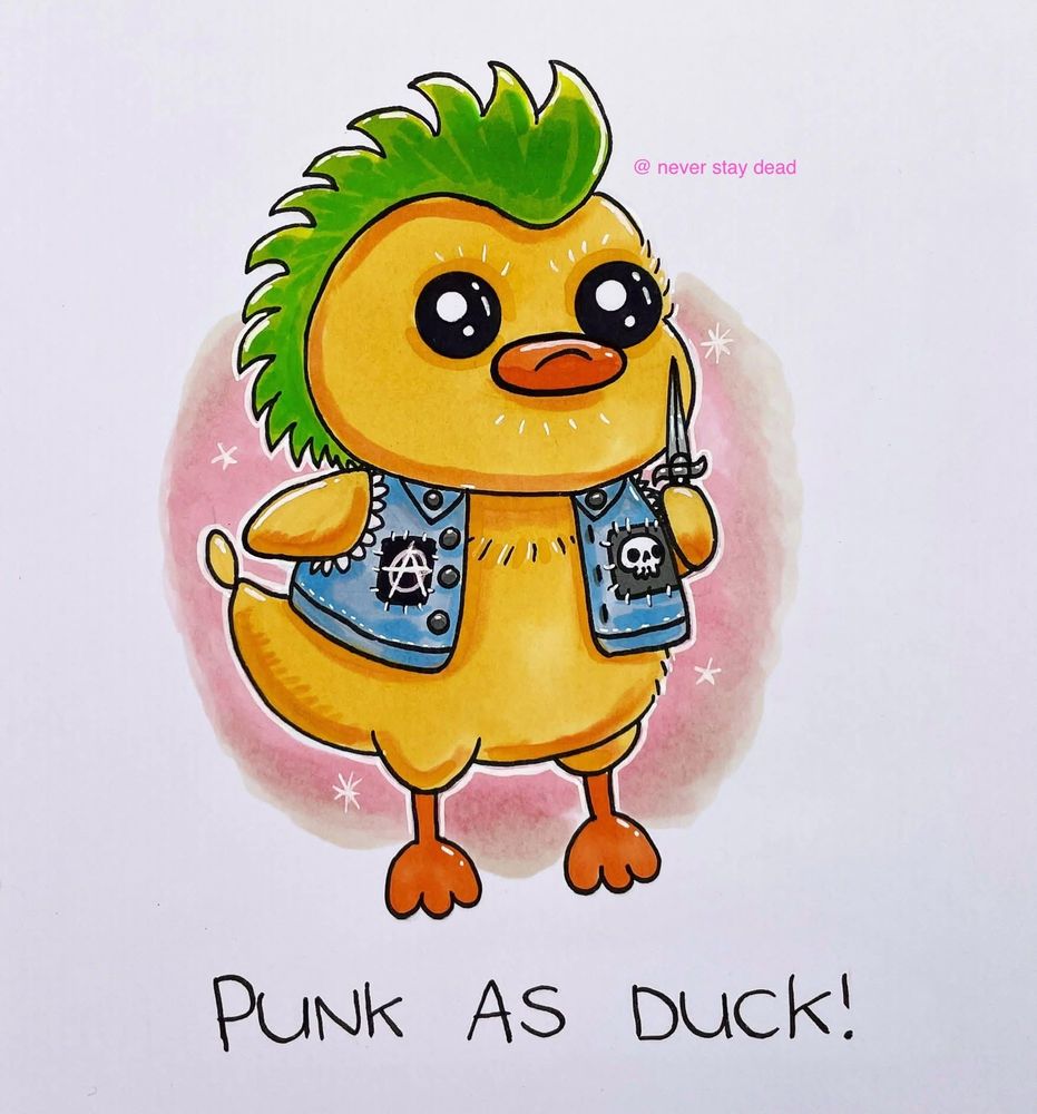 A drawing of a little yellow duck with green spiky punk hair and a punk rock vest with anarchy and skull patches. It's brandishing a pocket knife.