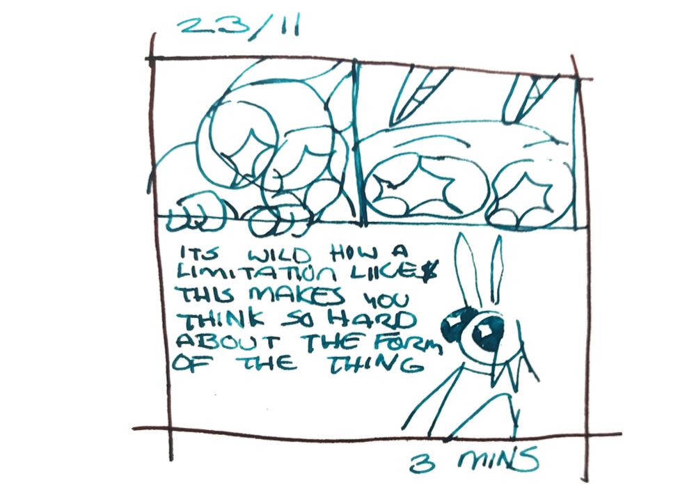 23/11. a small comic with 2 small top panels and one larger bottom panels. panel 1: drawing of my mothsona looking to the bottom right clutching the bottom of its panel. panel 2: a close up of my mothsona looking to the bottom left with raised cautious/curious eyebrows. panel 3: a drawing of my mothsona from futher away taking up less of the frame, with the text "its wild how a limitation like this makes you think so hard about the form of the thing". 3 mins