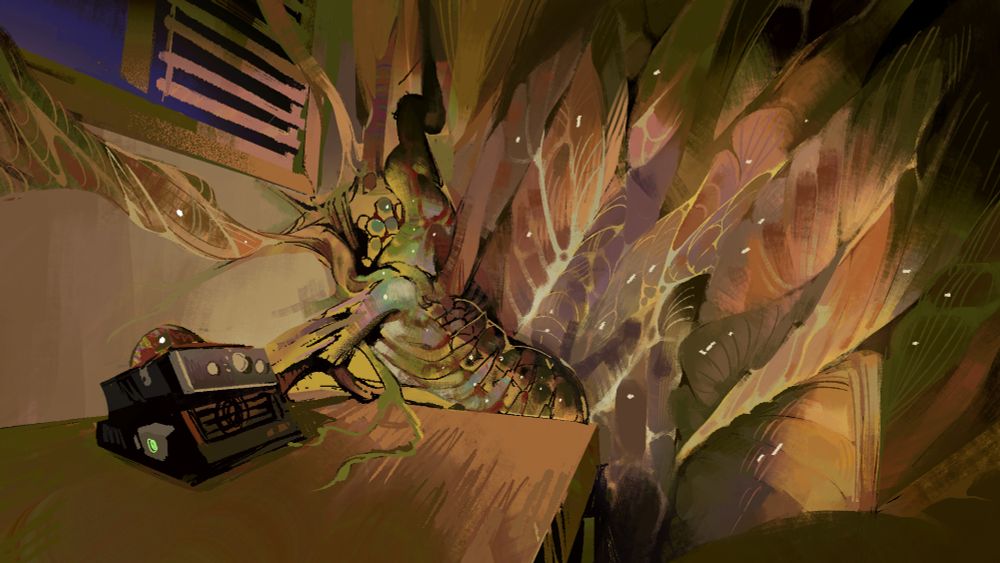 A shot of a decaying person with eggs growing in their vaguely insectoid ribcage, behind them muscular strands of growth extend across the wall. They sit leaned on a table next to some kind of radio, there's a shuttered window behind them.