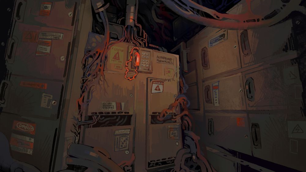 A claustrophobic shot of industrial cabinets covered in warning labels, wires that transition into nerves hook into everything and get larger and fade into the background.