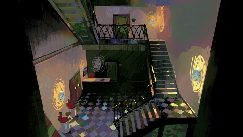 An art deco inspired hotel lobby with a staircase that leads up out of frame, past a green door.