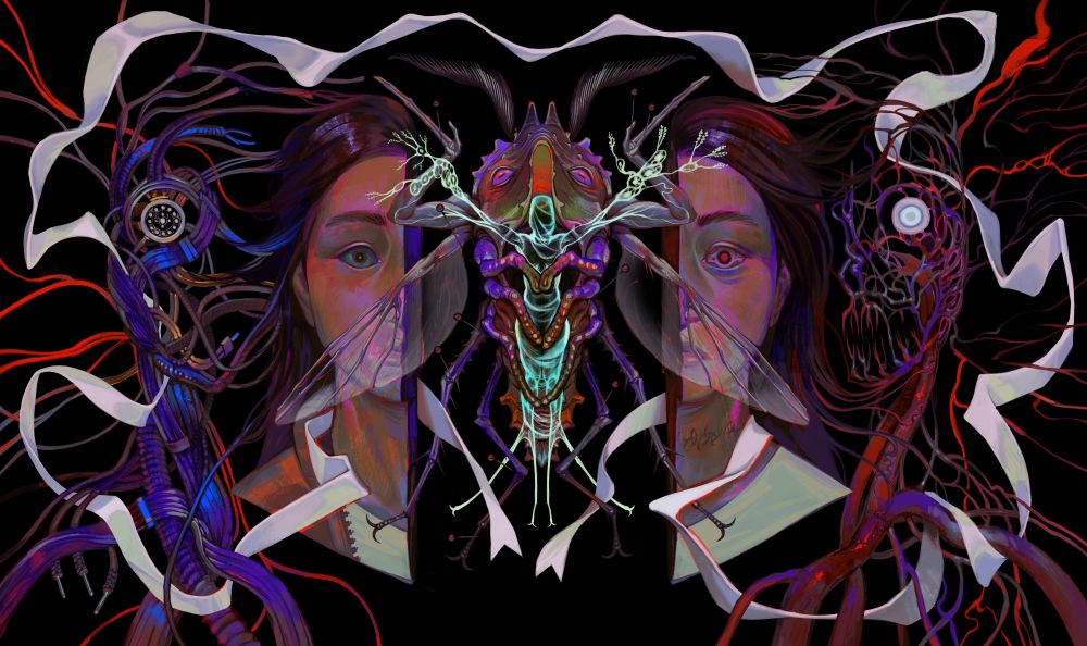 A mirrored shot with an insect surrounding a transluscent figure in the center. Surrounding that is the bisected face of the games protagonist, Marisol. On the left is half of a face silhouette made of wires, on the right it is made of veins. The outside is framed with a white ribbon.