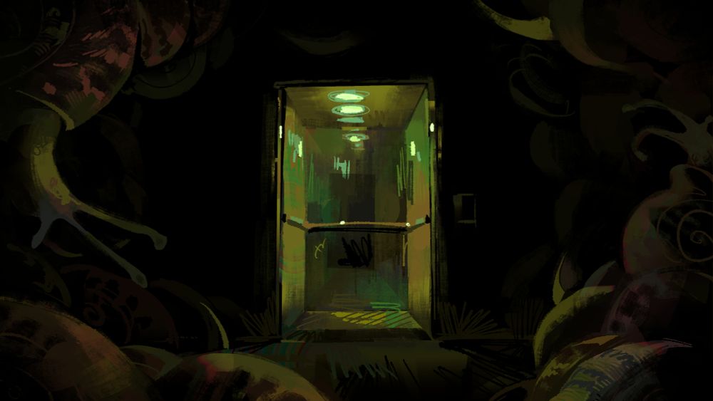 An elevator in a dark room. In the foreground large snails circle the frame.
