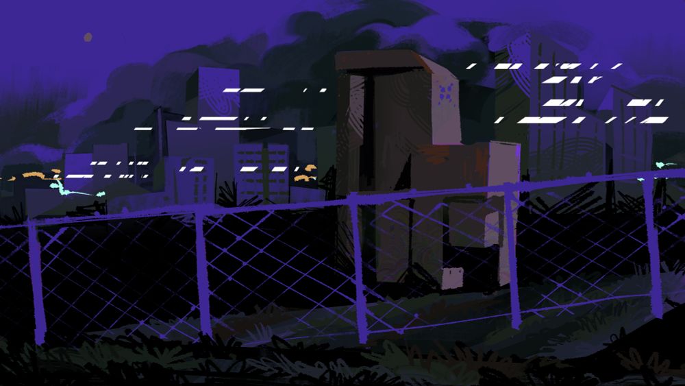 A wire fence in the foreground in front of an ominous windowless brutalist building. In the background is an abstracted city skyline blending into the clouds in the sky.
