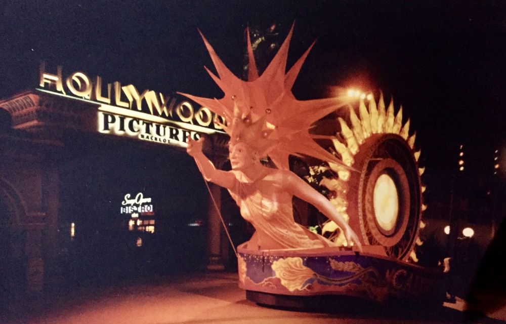 Nighttime photograph of parade float from Disney's Eureka! A California Parade.