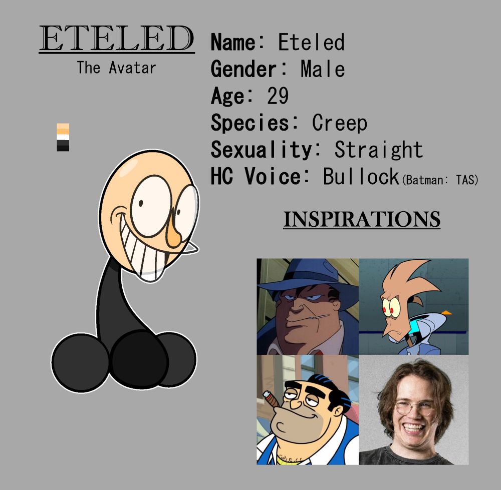 Before becoming a Creepkiller, Eteled used to be like a lot of Creeps the team faced. He was a troublemaker, messing with others for his own amusement. Eteled not only had the power to jump between the digital realm and the real world, but also transfer human souls to and fro as well.

Taking the form of a digital avatar to trick others, he would trap people in other avatars. From there he’d either mess with them further, or abandon them in a digital purgatory. It was fun for a while, but overtime, something changed. Seeing the anguish he causes for the family and friends of those he messed with, he started to feel shame. Guilt, even. Eventually, it became too much to bear, and he handed himself over to the Creepkillers.

The Creepkillers, rather than killing him, gave Eteled a chance to redeem himself by helping the team take out an entity with similar powers to his own. After succeeding, he became a full time member of the team, forming a strong bond with fellow new recruit, Tom. Nowadays, Eteled uses his powers to help others, though he isn’t afraid to bend the rules a little. Though he is glad he changed his life around for the better, he knows that it doesn’t erase the pain he caused for others before. His past will inevitably catch up with him.