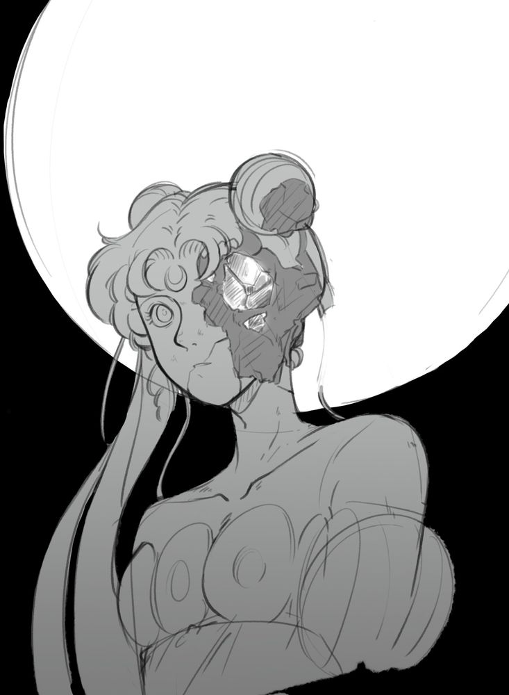 Cracked statue of Princess Serenity hiding a crystal inside, backlit by the moon.