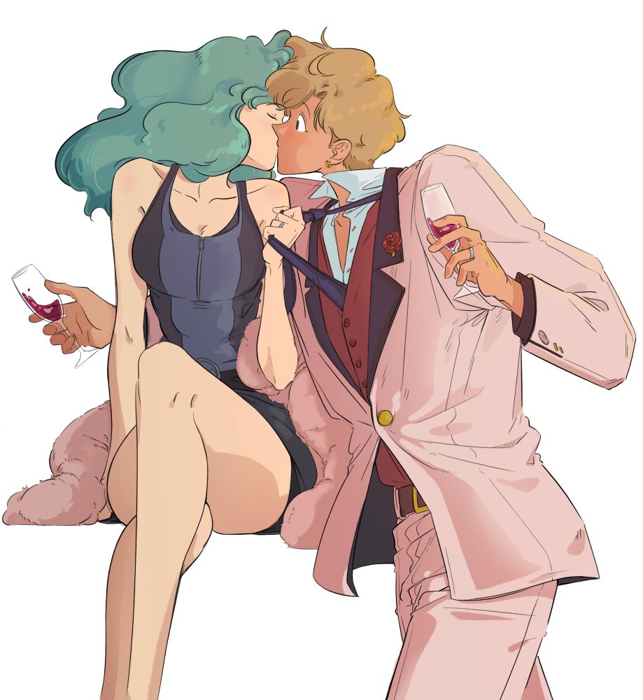 Michiru pulling Haruka’s tie to bring her closer for a kiss