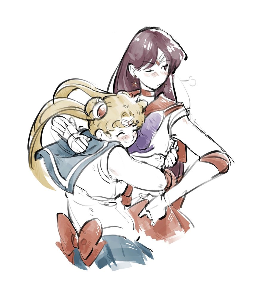Sailor moon hugging a grumpy sailor mars, Mars patting her back while looking away nonchalantly.