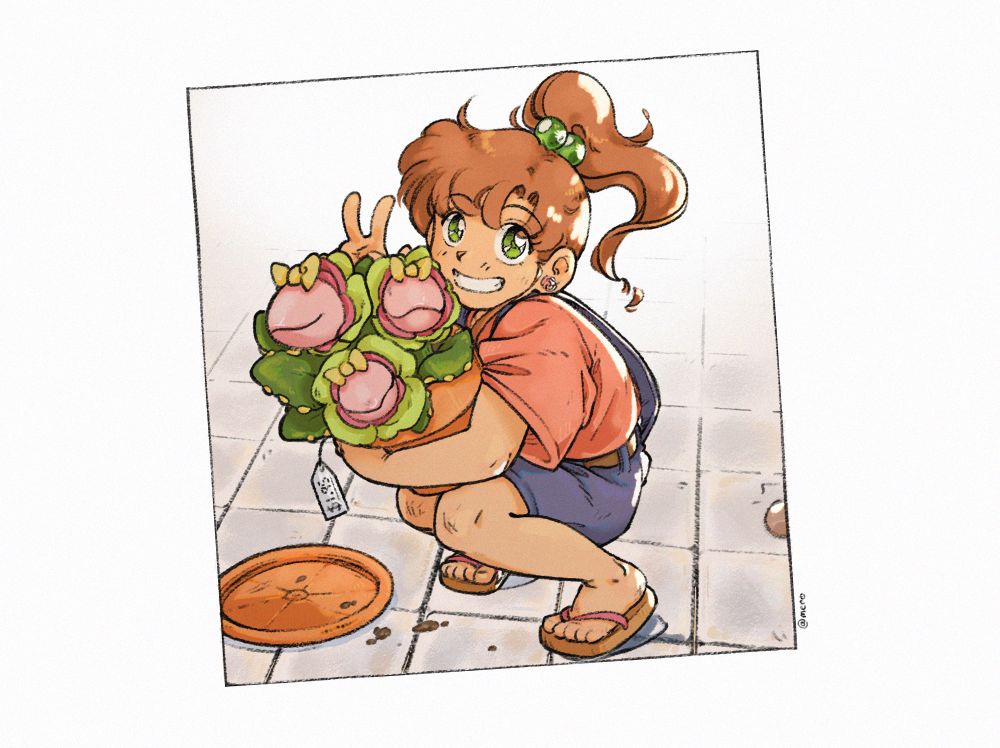 A young Makoto Kino kneeling and posing for a picture while holding a pot with 3 small seedlings of Audrey II