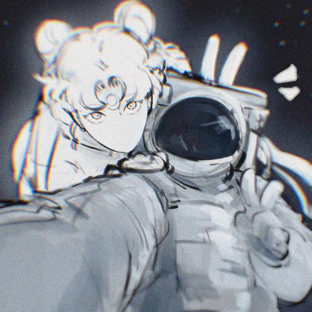 Queen Serenity and the astronaut taking a selfie. The astronaut giving a peace sign while Serenity is giving them bunny ears.